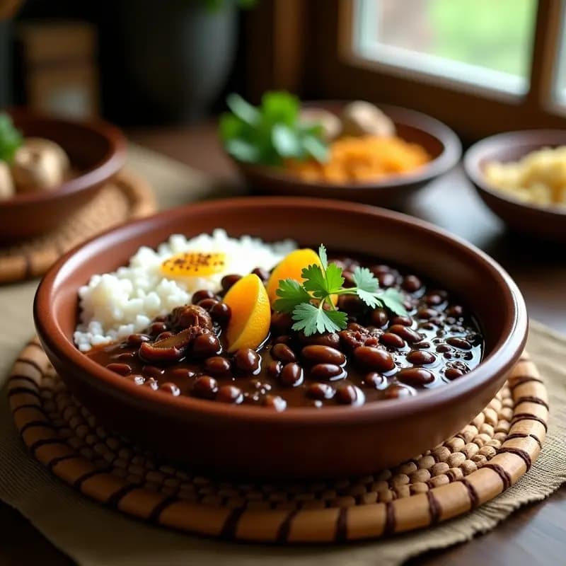 Plato hondo de barro con feijoada vegetariana de frijoles negros y hongos shitake en salsa espesa, decorada con cilantro fresco y servida junto a arroz blanco y farofa de yuca. Receta brasileña vegana en olla exprés.