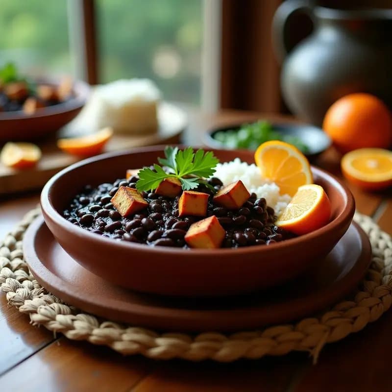 Plato hondo de barro con feijoada vegetariana brasileña: frijoles negros cremosos, cubos de tofu ahumado dorado, y un toque de cilantro fresco. Acompañado de arroz blanco y rodajas de naranja, sobre una mesa de madera rústica.