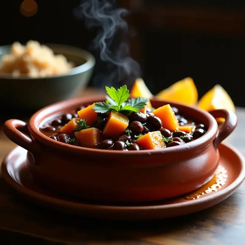 Olla de barro con feijoada vegetariana humeante, frijoles negros espesos rodeados de cubos dorados de tofu ahumado, decorado con cilantro fresco y rodajas de naranja. Plato tradicional brasileño adaptado a versión vegana.