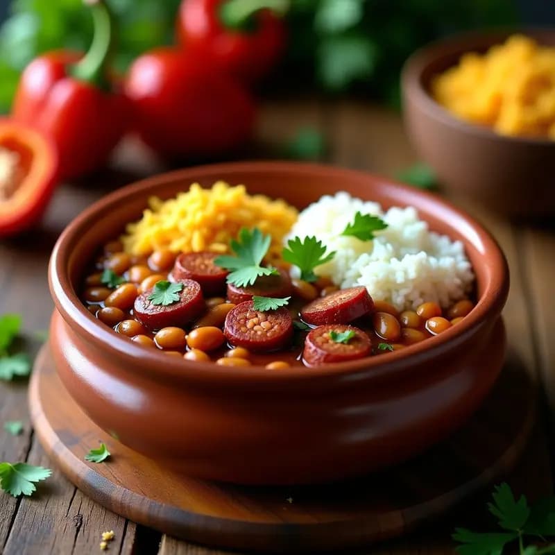 Plato hondo de barro con Feijoadinha Brasileña: frijoles pintos estofados en salsa espesa con rodajas de chorizo, decorados con cilantro fresco y acompañado de arroz blanco y farofa dorada.