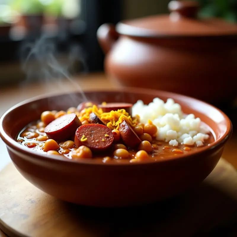 Olla express abierta mostrando un estofado espeso de Feijoadinha de Garbanzos y Chorizo Vegano, con garbanzos dorados, rodajas de chorizo vegano y un caldo oscuro especiado, servido en un plato hondo de barro con arroz blanco al lado.