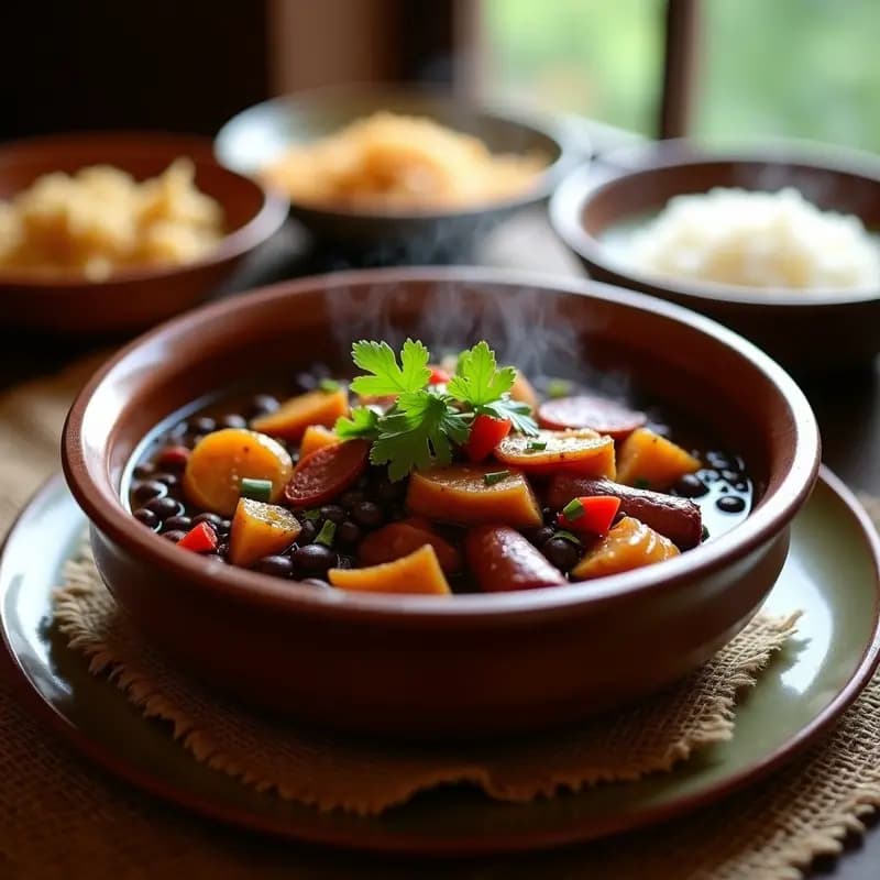 Fejoda Brasileña en olla rápida: plato hondo de barro con frijoles negros estofados, rodajas de plátano maduro dorado, trozos de panceta y chorizo, decorado con cilantro fresco. Fondo rústico con arroz blanco y farofa al lado.