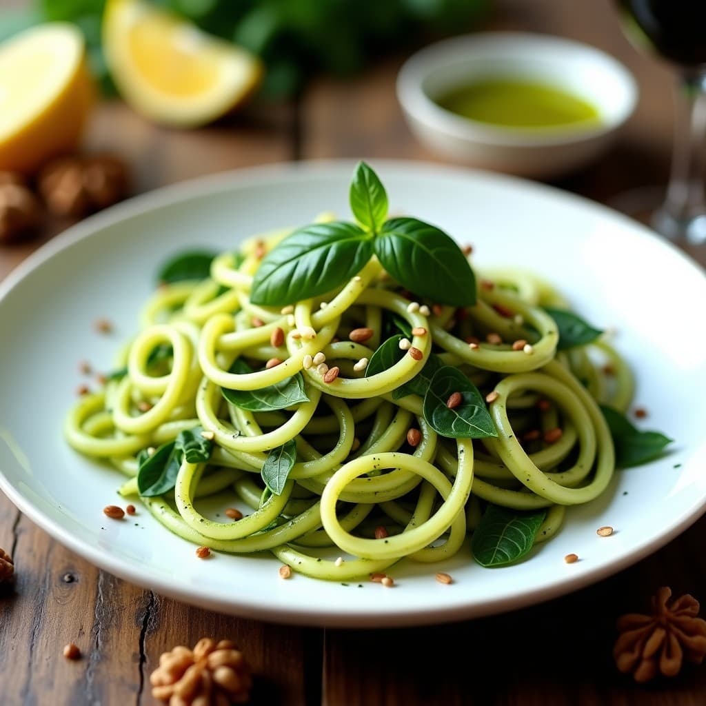 Plato blanco con fideos de calabacín crudos, bañados en un pesto verde intenso de espinacas y nueces, decorado con semillas de sésamo y hojas de albahaca fresca. Receta italiana low-carb y vegana.