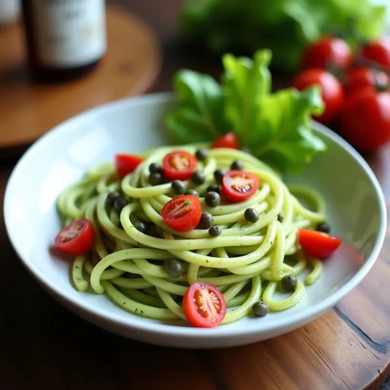 Plato hondo blanco con fideos de calabacín frescos espiralizados, bañados en un pesto cremoso de color verde claro con trocitos de rabanito y alcaparras, decorado con tomates cherry rojos cortados por la mitad y hojas de lechuga romana. Receta italiana crudivegana de fideos de calabacín con pesto de rabanitos y alcaparras.