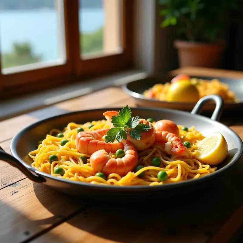 Paellera de acero con fideuá de bogavante y guisantes sin gluten, fideos finos dorados mezclados con trozos de bogavante rosado y guisantes verdes, decorada con gajos de limón y ramitas de perejil, sobre fondo rústico de madera.