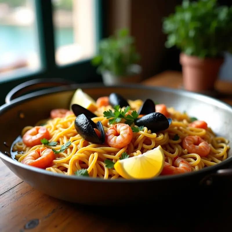 Paellera de acero con fideuá de mariscos humeante, gambas rosadas, mejillones abiertos y calamares sobre una base de fideos dorados, decorada con perejil fresco y gajos de limón, receta tradicional mediterránea.