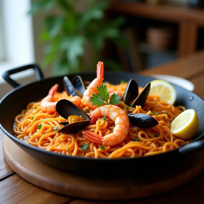 Paellera de hierro con fideuá de mariscos y fideos de lentejas, decorada con gambas, mejillones y perejil fresco, sobre fondo rústico de madera. Receta española sin gluten y alta en proteína.