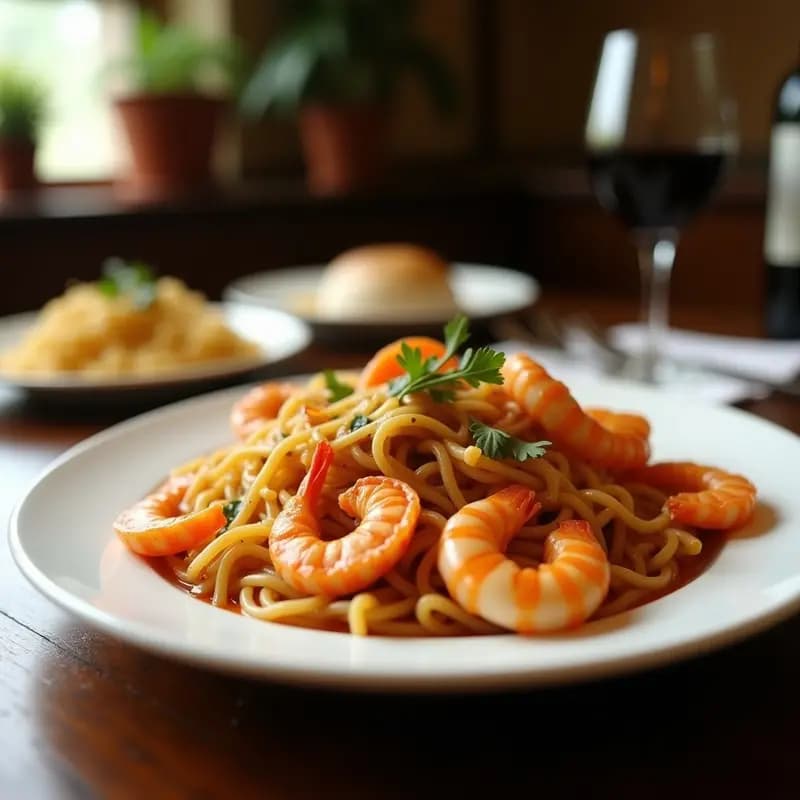 Paellera de hierro con fideuá de mariscos tradicional, fideos gruesos bañados en caldo dorado con gambas, mejillones y calamares. Acompañada de gajos de limón sobre fondo rústico de madera.