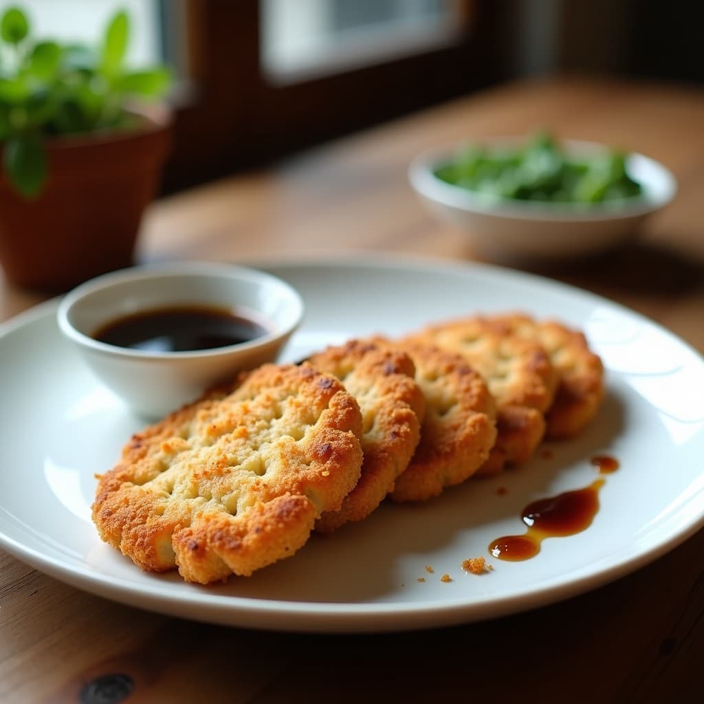 Filetes dorados y crujientes de berenjena empanizados con harina de almendra y panko, servidos sobre un plato blanco con salsa tonkatsu al lado. Receta japonesa en airfryer sin aceite.