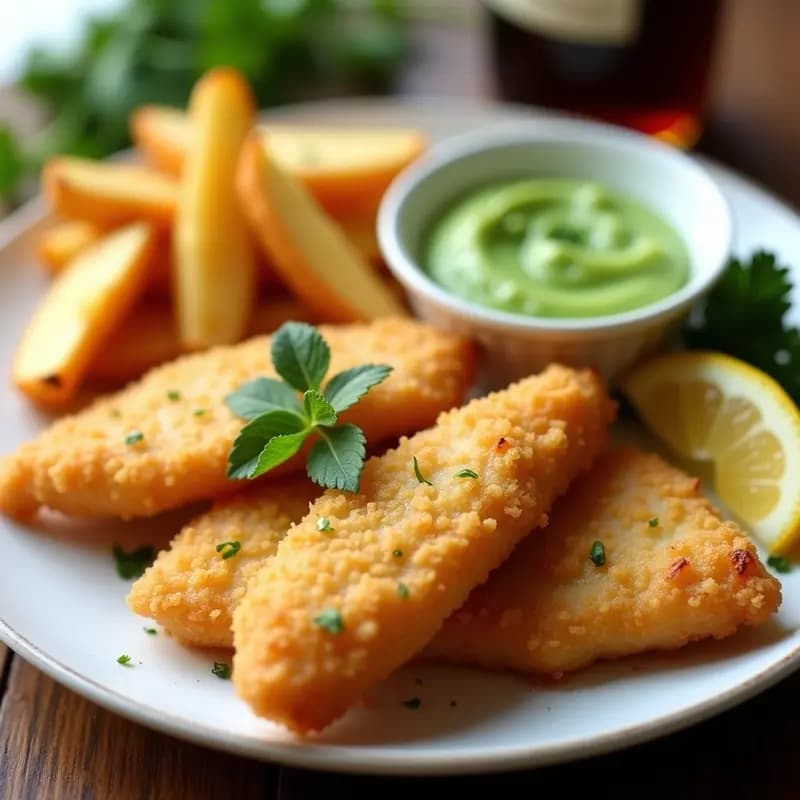 Plato de Fish and Chips de merluza con puré de guisantes en airfryer: filetes de merluza dorados y crujientes, bastones de patata dorada y un puré verde cremoso decorado con hojas de menta, servido en un plato blanco rústico.