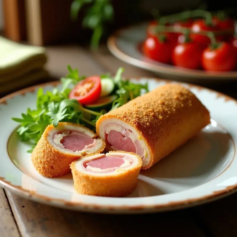 Flamenquín de lomo y jamón serrano dorado y crujiente al horno, cortado en rodajas mostrando el relleno de jamón, servido en plato blanco con ensalada verde de fondo.