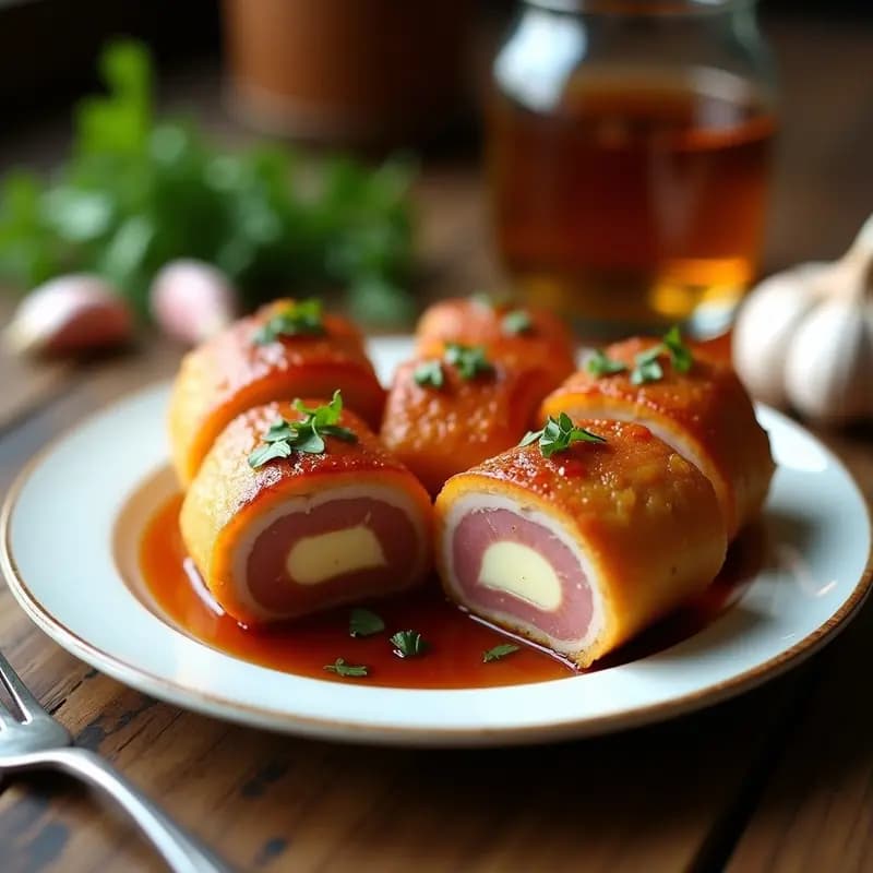 Plato de flamenquín de lomo al whisky cordobés, rollitos dorados y crujientes cortados en rodajas, bañados en salsa oscura de whisky, con perejil fresco espolvoreado y fondo rústico de madera.