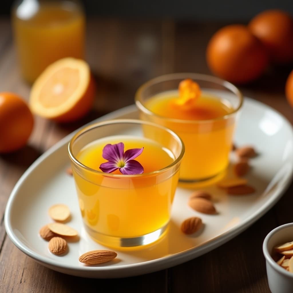 Flan de almendra y flor de azahar servido en copas de cristal transparente, con textura sedosa y brillo natural, decorado con almendras fileteadas y pétalos de flor comestible, sobre fondo rústico de madera.