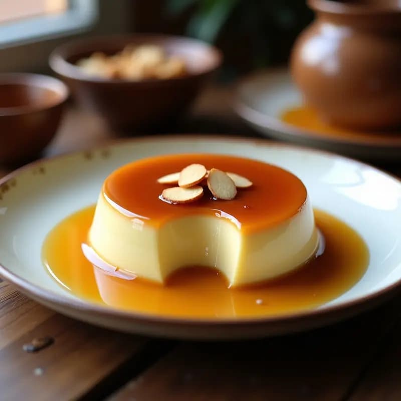 Flan de almendra y miel sin lactosa en molde de cristal, con caramelo dorado y almendras fileteadas tostadas como decoración, servido en plato blanco rústico con fondo de madera.