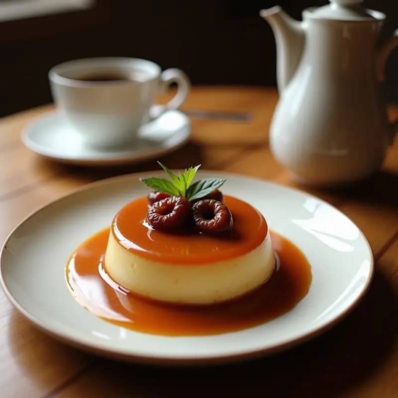 Flan de café y coco con caramelo de dátil en molde de vidrio transparente, postre colombiano sin lactosa, con textura sedosa y caramelo oscuro en la base, decorado con coco rallado.