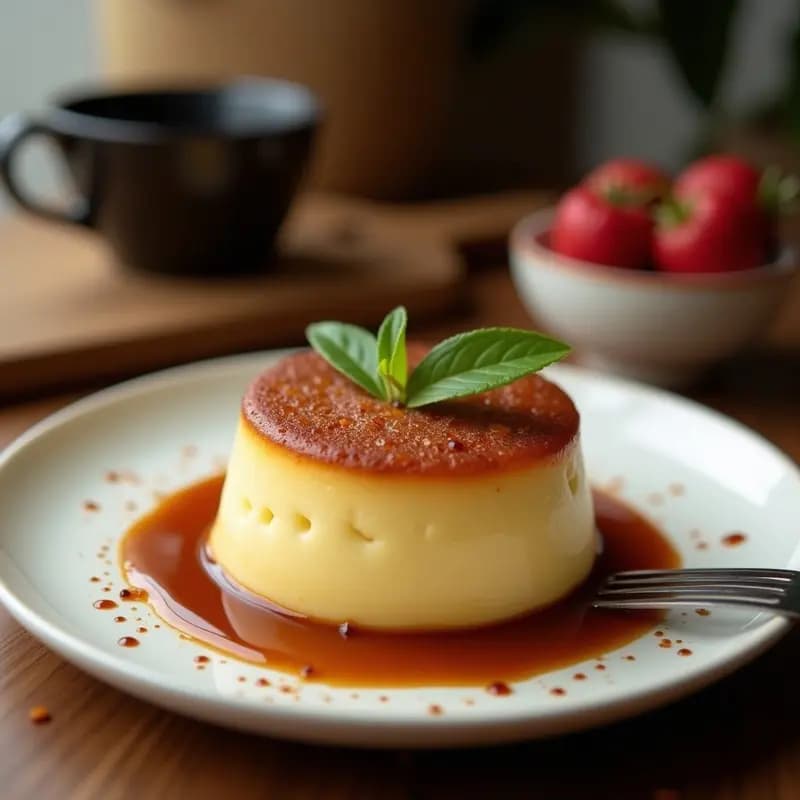 Flan de Café y Coco Keto en plato blanco, con caramelo dorado brillante, espolvoreado con coco rallado tostado y una taza de café colombiano al lado. Postre cremoso y sedoso, ideal para dieta cetogénica.