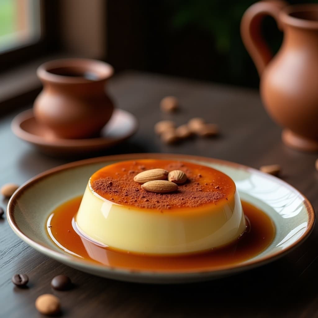 Flan de café y leche de almendras en molde individual de cristal, con superficie dorada y sedosa, decorado con una pizca de canela y virutas de almendra tostada sobre fondo rústico de madera.