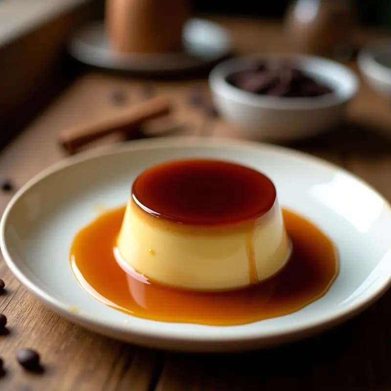 Flan de café y vino tinto en molde individual transparente, con caramelo dorado y aromático desliándose por los bordes. Textura cremosa y color marrón intenso, decorado con una rama de canela y granos de café. Postre español elegante y sofisticado.
