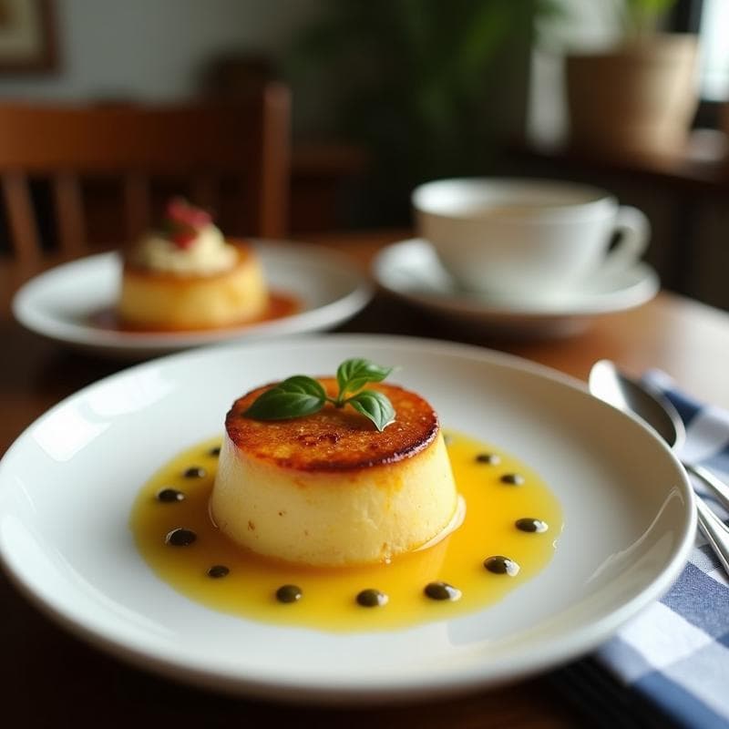 Flan de coco y agua de mapocho vegano sin azúcar en molde transparente, con textura sedosa y decorado con coco rallado tostado sobre fondo rústico de madera.