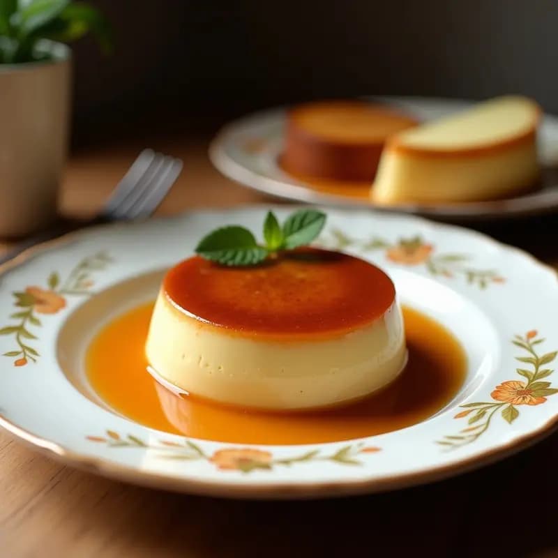 Flan de coco vegano con caramelo líquido dorado en un plato blanco rústico, decorado con coco rallado tostado y hojas de menta, sobre un fondo de madera oscura con toques tropicales.