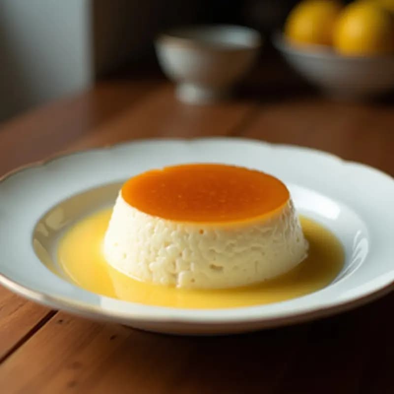 Flan de coco vegano en plato blanco, con caramelo dorado fluido y coco rallado tostado como decoración, servido sobre fondo rústico de madera con hojas de menta.