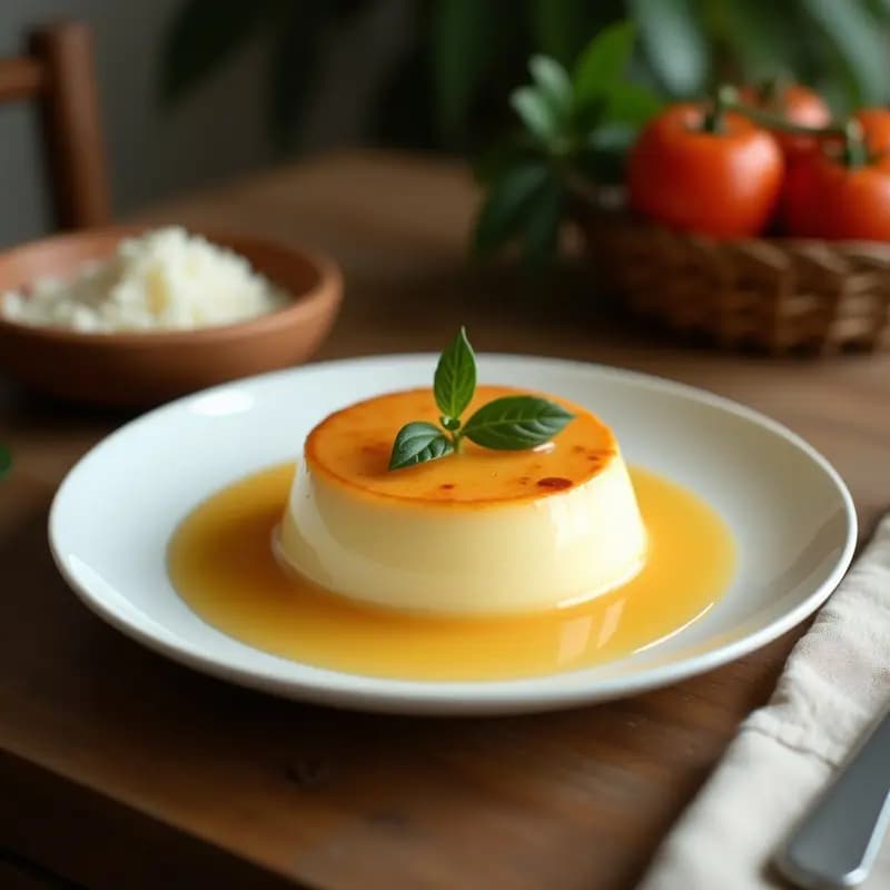 Flan de coco y leche condensada sin azúcar con stevia servido en plato blanco, con textura cremosa y dorada, decorado con coco rallado tostado y una ramita de canela.