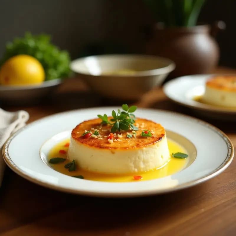 Flan vietnamita de coco y lemongrass en copa de cristal transparente, con textura cremosa y brillante, decorado con coco rallado tostado y hoja de menta fresca sobre fondo de madera oscura.