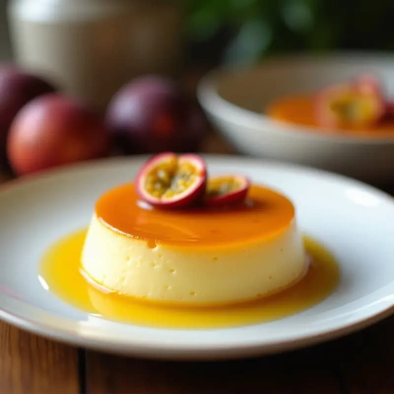 Flan de coco y maracuyá sin lácteos en molde transparente, con textura cremosa y decoración de coco rallado y puré de maracuyá amarillo vibrante.