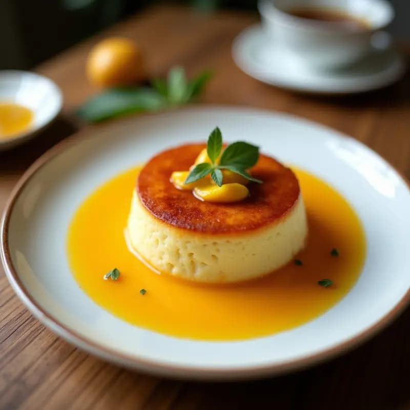 Flan de coco y matcha con superficie sedosa y brillante, servido en copa transparente con salsa de mango amarillo dorado y coco rallado espolvoreado, postre fusión japonés-tailandés sin lácteos.