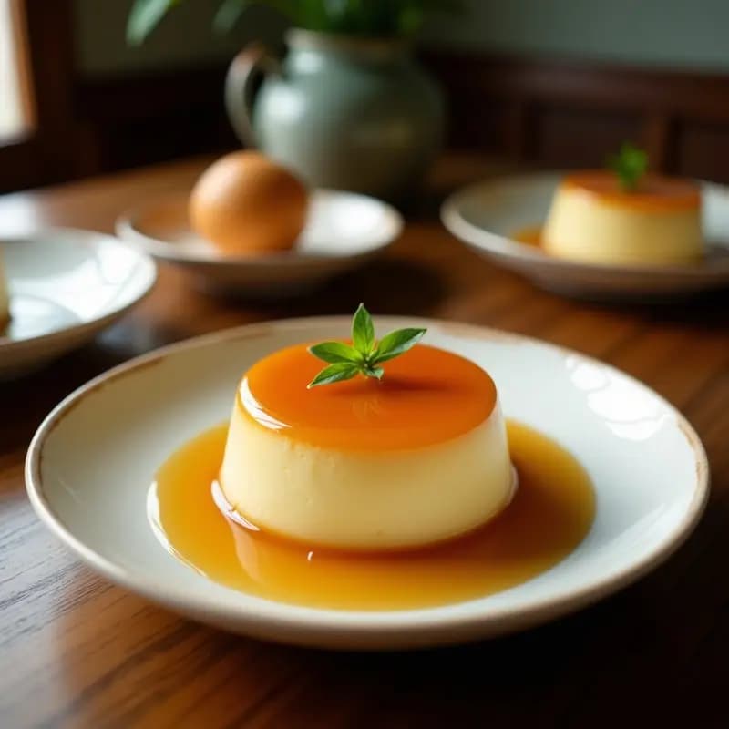 Flan de coco y pandan con caramelo de palma servido en un plato blanco, con textura cremosa y brillo del caramelo líquido. Decorado con coco rallado tostado y hojas de pandan al lado. Postre tailandés sin lácteos hecho en olla express.