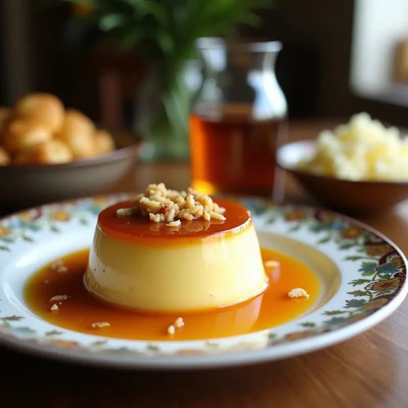 Flan de coco y zarzaparrilla sin azúcar en molde transparente, con capas visibles de coco rallado y semillas de chía, servido sobre plato blanco con decoración de coco tostado.