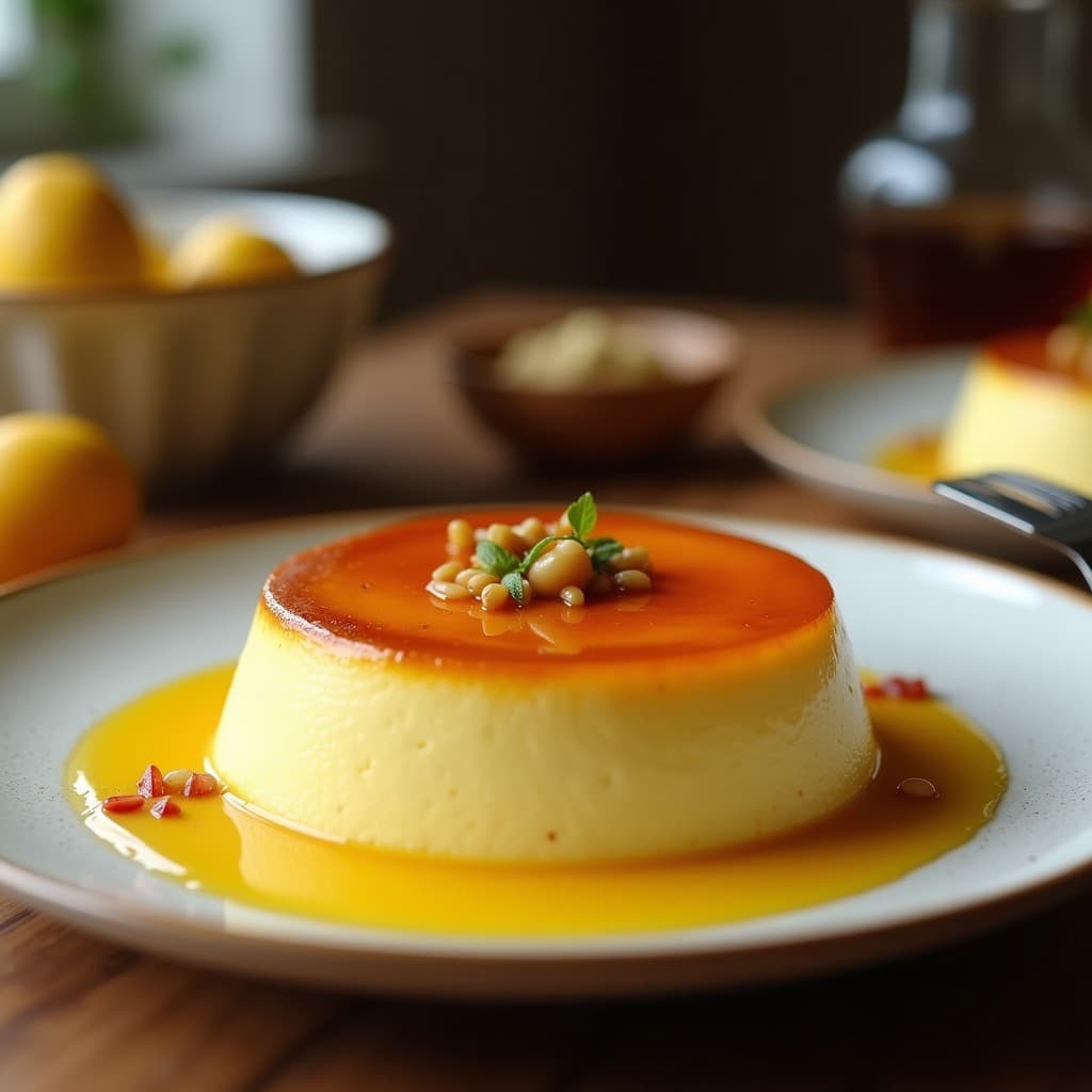 Flan de cúrcuma y coco sin huevos en copas de cristal transparente, con textura sedosa y color dorado amarillento, espolvoreado con coco rallado y decorado con una pizca de cúrcuma en polvo sobre fondo blanco rústico.