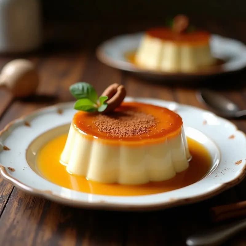 Flan cremoso en molde transparente con capa dorada de leche merengada, espolvoreado con nuez moscada, servido en plato blanco rústico con fondo de madera.