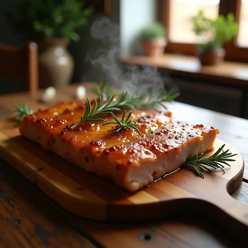 Flanco de cerdo al horno con piel dorada y crujiente, glaseado con miel y romero, servido en bandeja de madera con ramitas de romero fresco como decoración.