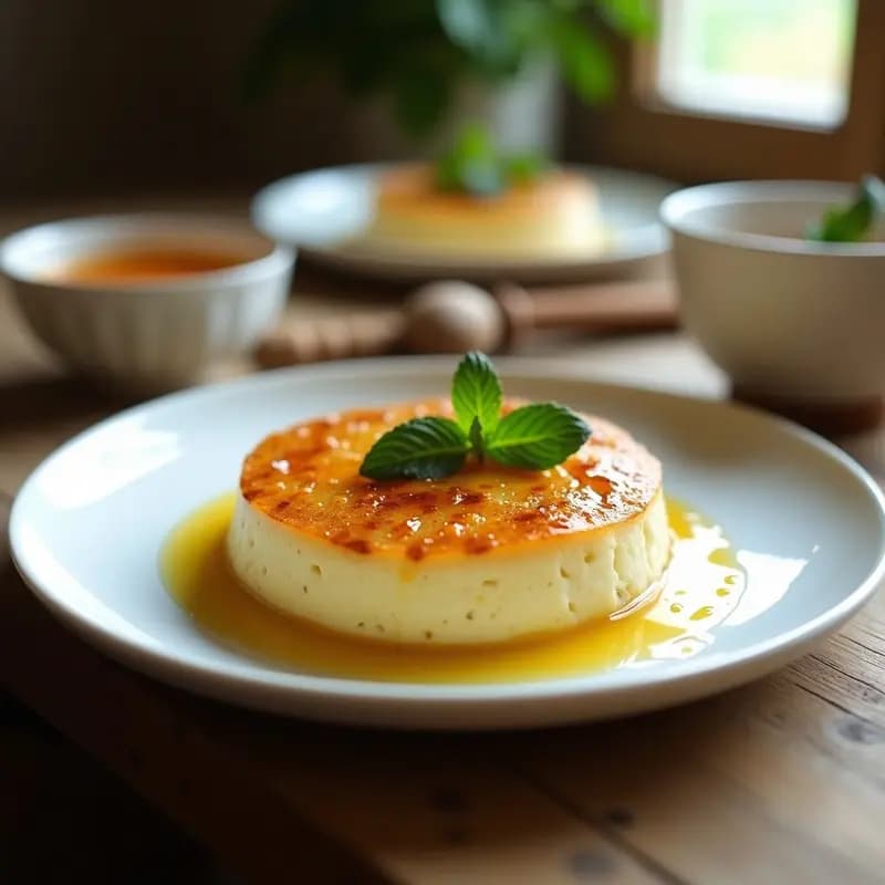 Flaó Ibicenco tradicional servido en un plato blanco, con textura esponjosa y dorada, decorado con hojas de hierbabuena fresca y un chorrito de miel. Postre de queso fresco y hierbabuena típico de Baleares.