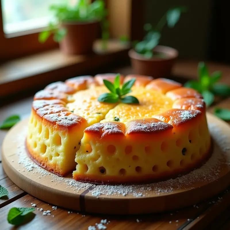 Flaó Menorquín recién horneado en molde redondo, dorado por fuera y esponjoso por dentro, con hierbabuena fresca picada visible en la masa y espolvoreado con azúcar glas, postre tradicional de queso y hierbas aromáticas.