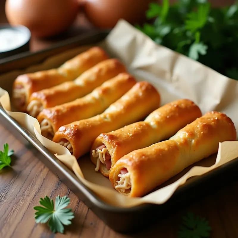 Flautas de pollo y jamón york doradas y crujientes sobre una bandeja de horno con papel vegetal, rellenas de pollo desmenuzado y jamón york, perfectas para niños y tupper.