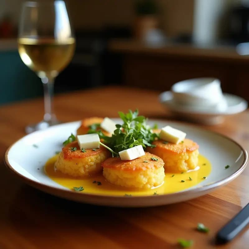 Plato blanco con flores fritas de calabacín rellenas de queso de cabra, doradas y crujientes, sobre papel absorbente. Acompañadas de rodajas de limón y perejil fresco picado. Entrante original y casero.