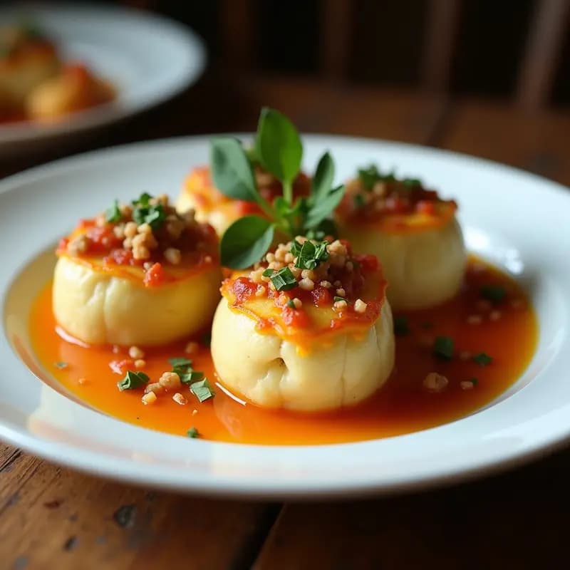 Flores de calabacín rellenas de brandada de bacalao cremosa, horneadas y doradas, servidas en bandeja rústica de madera con perejil fresco espolvoreado.