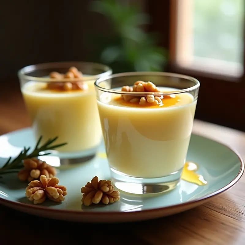 Copas transparentes con Flos de Neu, postre catalán cremoso de color amarillo pálido, coronado con nueces picadas y un hilo de miel dorada. Fondo navideño con detalles rústicos.