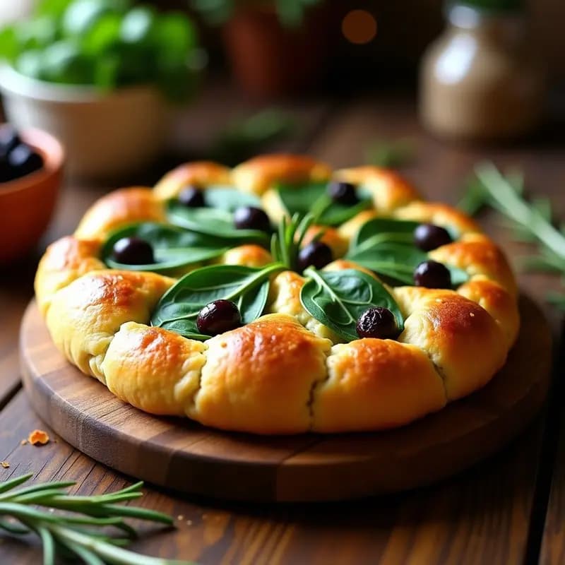 Focaccia italiana dorada y esponjosa con espinacas frescas, aceitunas Kalamata y ramas de romero, servida en bandeja de madera rústica.