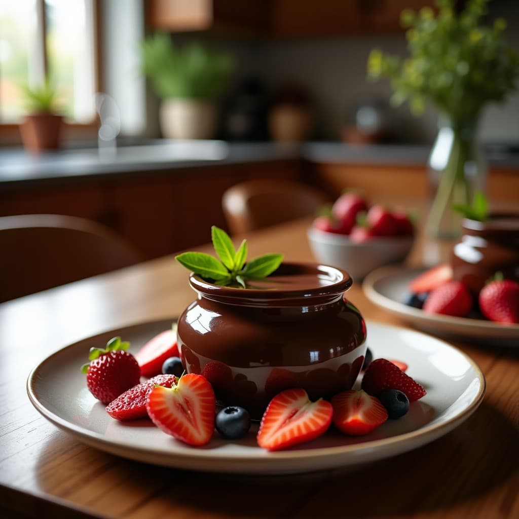 Fondue de chocolate negro brillante con vetas doradas de aceite de oliva en cuenco de cerámica, rodeado de fresas, kiwi y almendras fileteadas sobre mesa rústica de madera.