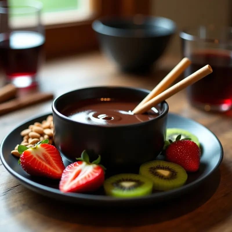 Fondue de chocolate negro brillante en cazuela de barro con trozos de frutas frescas sumergidas, vapor de vino tinto y decoración de hojas de menta sobre fondo oscuro.