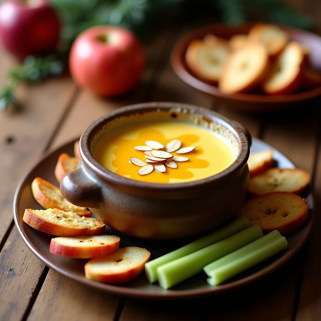 Fondue cremoso de queso de cabra y miel servido en recipiente de barro, con almendras fileteadas espolvoreadas y acompañado de pan sin gluten tostado y gajos de manzana, receta olla lenta para fiestas.