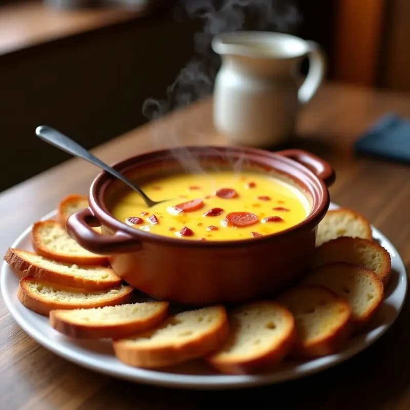 Cazuela de barro humeante con fondue de queso cremoso y trozos de chorizo dorado, acompañada de rebanadas de pan tostado crujiente. Receta de fondue de queso con chorizo y pan tostado para comer sin parar.