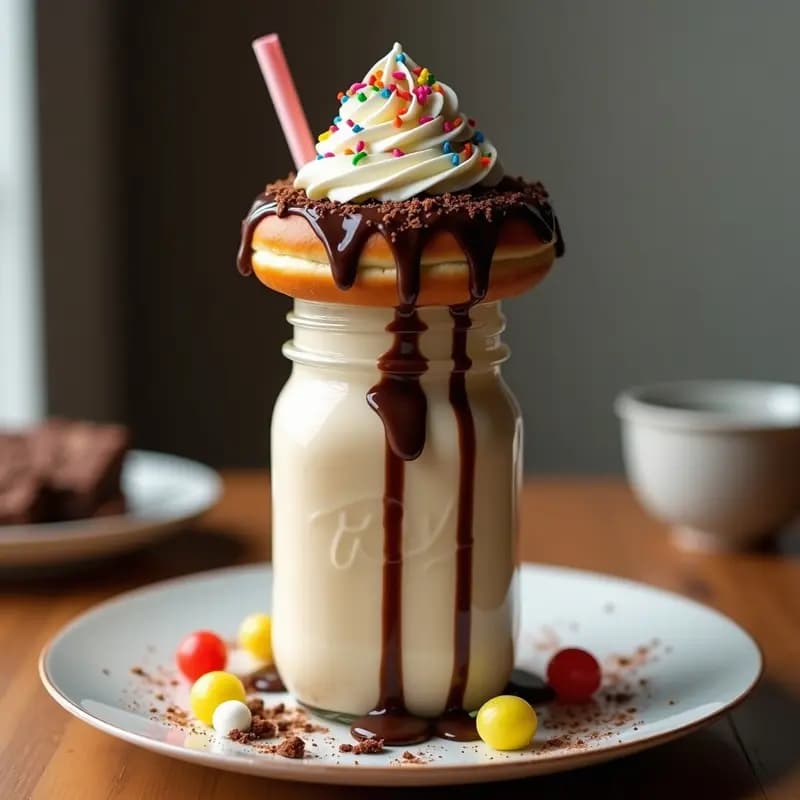 Vaso alto transparente repleto de Freakshake con Donut Glaseado en la parte superior, capas de batido de vainilla con trozos de brownie, crema batida espesa, salsa de chocolate y toppings de virutas y gominolas. Postre hipercalórico y visualmente impactante.