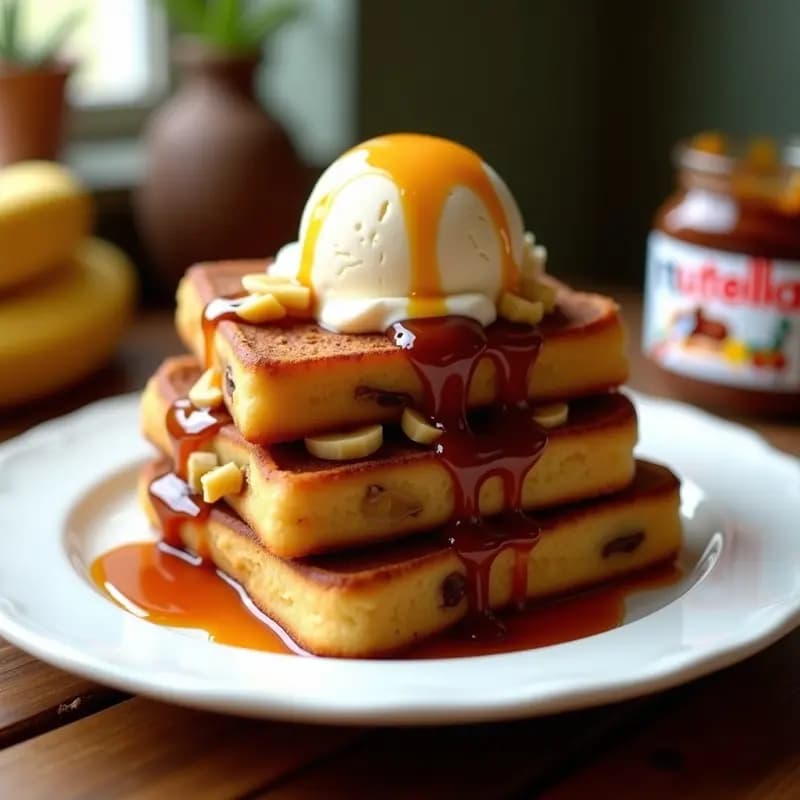 Plato blanco con French Toast relleno de Nutella y plátano caramelizado, coronado con una bola de helado de vainilla y bañado en salsa de caramelo salado. Fondo borroso de cocina con ingredientes como pan brioche y plátanos.