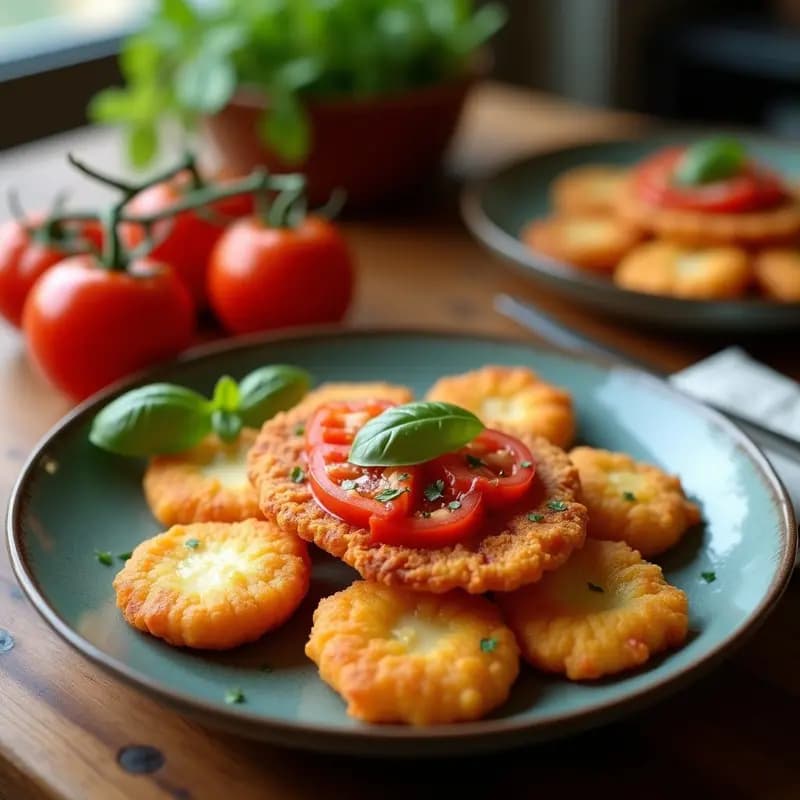 Plato blanco con frituras de queso mozzarella doradas y crujientes, servidas con un bol de salsa de tomate casera espesa y brillante. El queso fundido se estira al cortar una fritura, mostrando su interior cremoso. Fondo rústico con hierbas frescas.