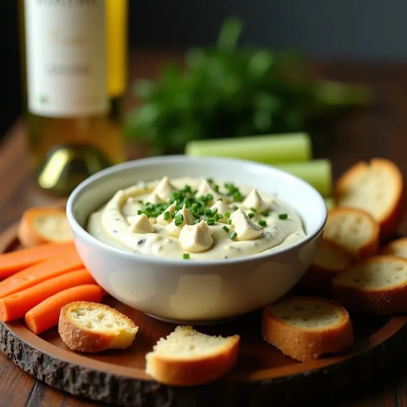 Recipiente de cerámica blanca con fromage fort francés, dip cremoso de quesos y vino blanco, decorado con cebollino fresco, rodeado de pan tostado y bastones de apio en una tabla de madera rústica.