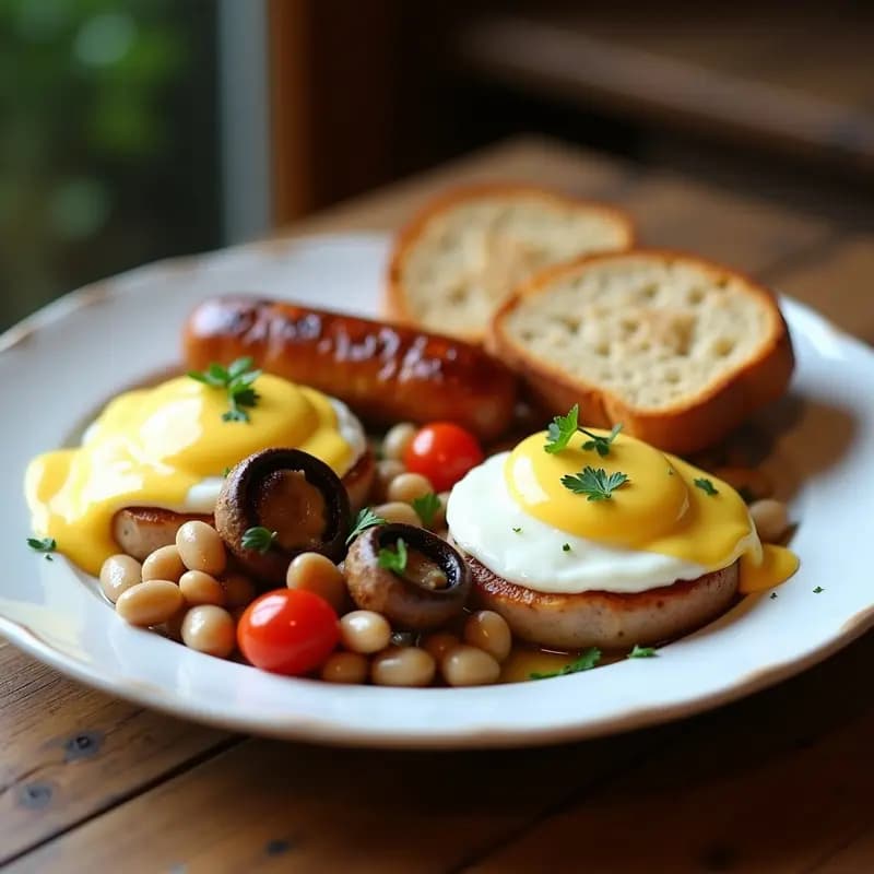 Plato hondo de cerámica blanca con Full English Breakfast sin gluten: salchichas de pavo doradas, hongos portobello asados, huevos escalfados, tomates cherry caramelizados, judías blancas estofadas y pan de mijo tostado, todo cubierto con salsa holandesa ligera y decorado con perejil fresco.